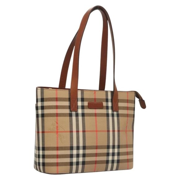 BURBERRY Nova Check Tote Bag Canvas Beige Gold Auth